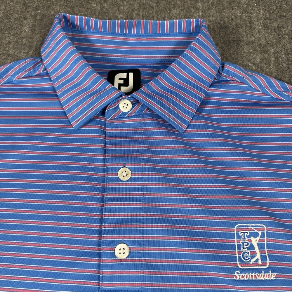 FootJoy FJ Polo Shirt Men's M Blue Pink Stripe Golf Scottsdale Short Sleeve